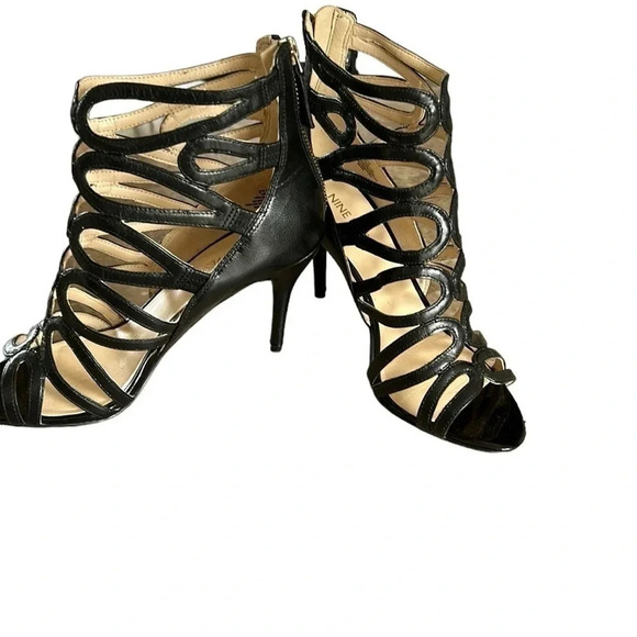 Nine West black leather gladiator heel shoes,open toe,back zip,event,great cond - Picture 4 of 16